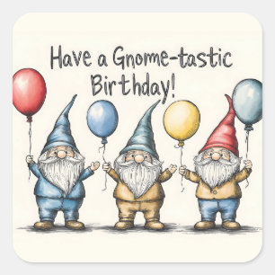 Adorable Gnome Birthday Illustration with Balloons Square Sticker