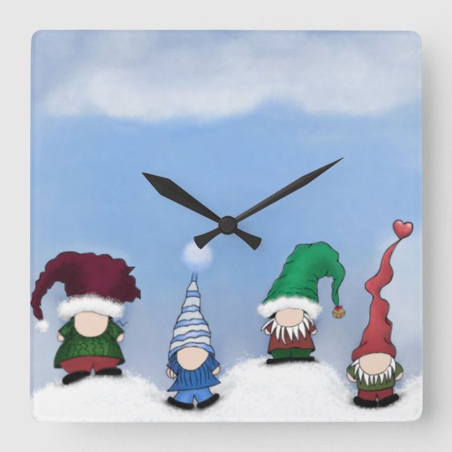 Adorable Gnome Posse Square Wall Clock (Front)