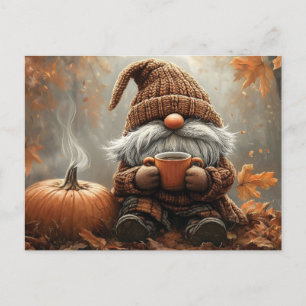 Adorable Gnome with Hot Cocoa next to a pumpkin Postcard