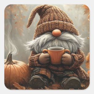 Adorable Gnome with Hot Cocoa next to a pumpkin Square Sticker