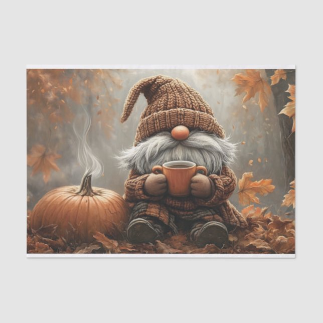 Adorable Gnome with Hot Cocoa next to a pumpkin Tissue Paper (Front)