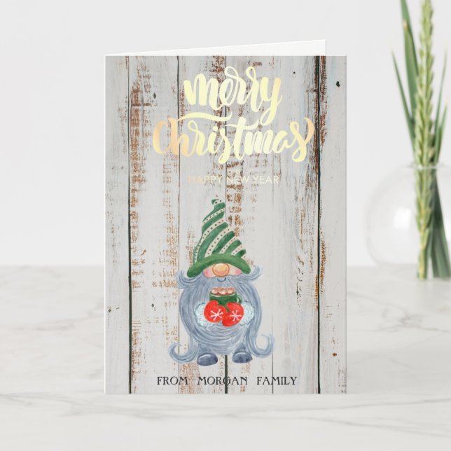 Adorable Gnome  Wood Merry Christmas  Holiday Card (Front)