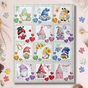 Adorable Gnomes Colourful Block Style Jigsaw Puzzl Puzzle