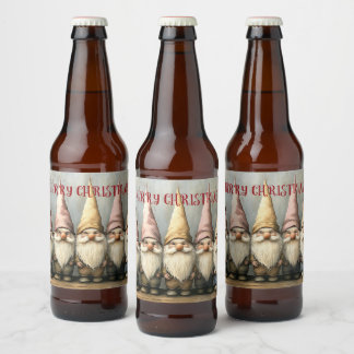 Adorable Gnomes Pointed Hats Long Beard Beer Bottle Label