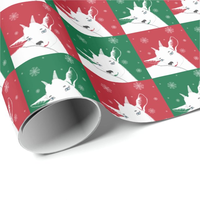 Adorable Goat Christmas in Red and Green Tiles Wrapping Paper (Roll Corner)