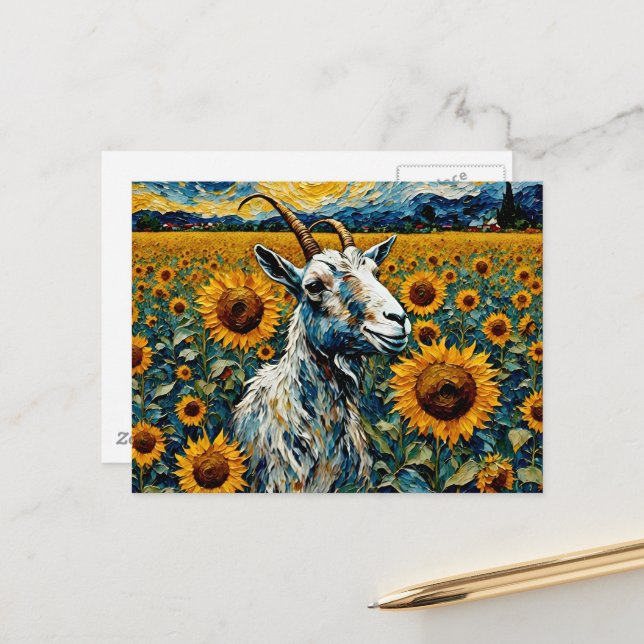 Adorable Goat in a Sunflower Field Postcard (Front/Back In Situ)