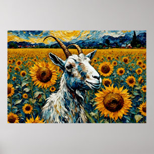 Adorable Goat in a Sunflower Field Poster