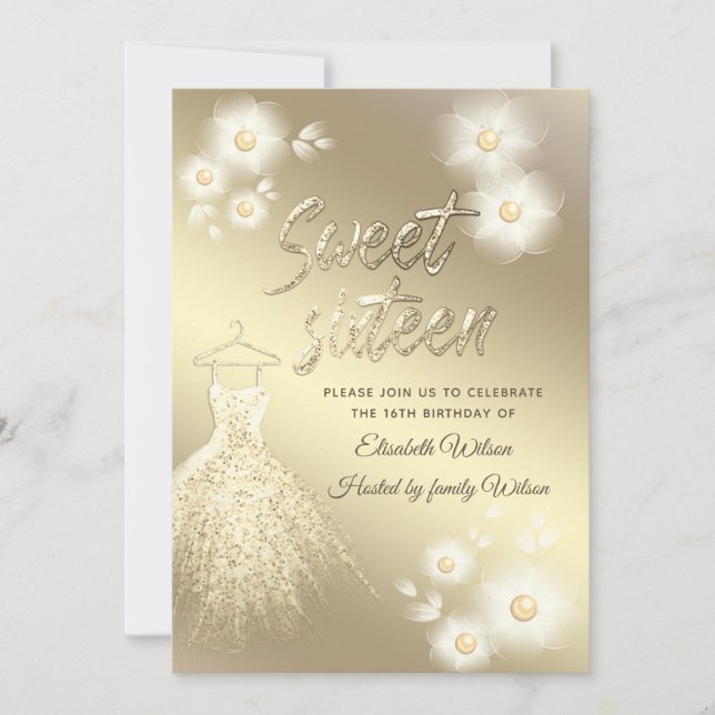 Adorable gold dress  pearl floral sweet sixteen invitation (Front)