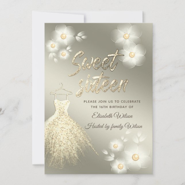 Adorable gold dress  pearl floral sweet sixteen invitation (Front)
