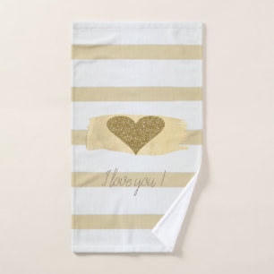Adorable Gold Glitter Hearts Stripes-I Love You  Bath Towel Set
