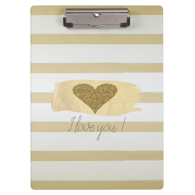 Adorable Gold Glitter Hearts Stripes-I Love You Clipboard (Front)