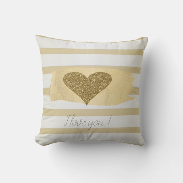 Adorable Gold Glitter Hearts Stripes-I Love You Cushion (Front)