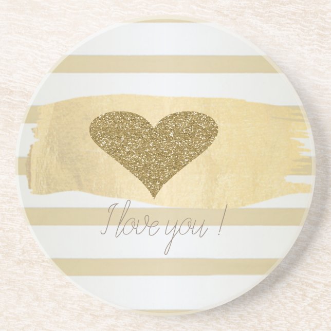 Adorable Gold Glitter Hearts Stripes-I Love You Mo Coaster (Front)