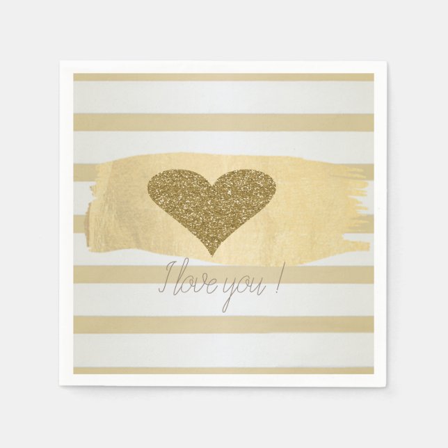 Adorable Gold Glitter Hearts Stripes-I Love You  Napkin (Front)