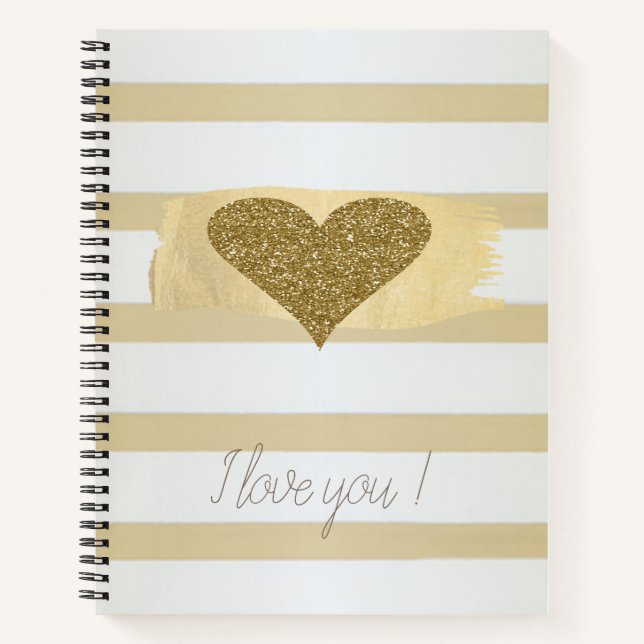 Adorable Gold Glitter Hearts Stripes-I Love You  Notebook (Front)