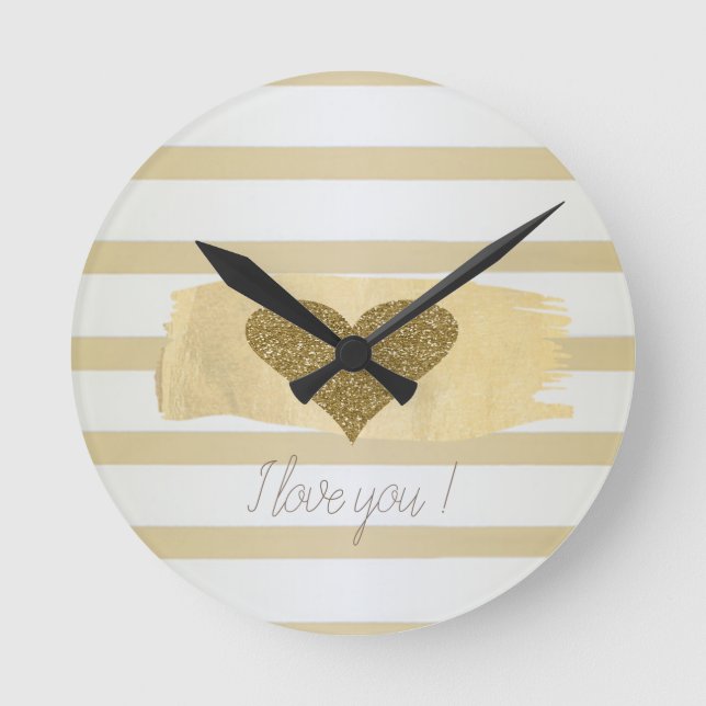 Adorable Gold Glitter Hearts Stripes-I Love You  Round Clock (Front)