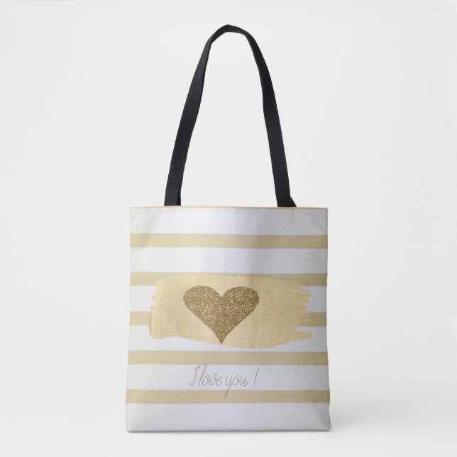 Adorable Gold Glitter Hearts Stripes-I Love You   Tote Bag (Front)