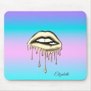 Adorable Gold Metallic Dripping Lips Holographic Mouse Mat
