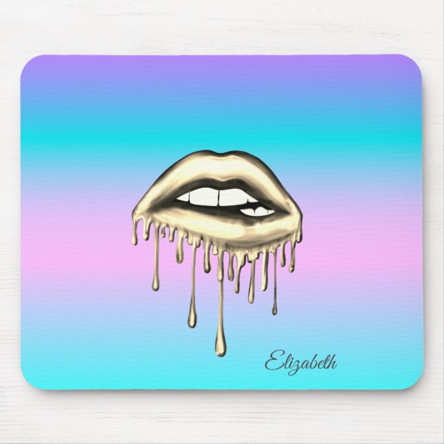 Adorable Gold Metallic Dripping Lips Holographic  Mouse Mat (Front)