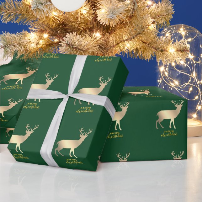 Adorable Gold Reindeers Green Merry Christmas  Wrapping Paper (Holidays)