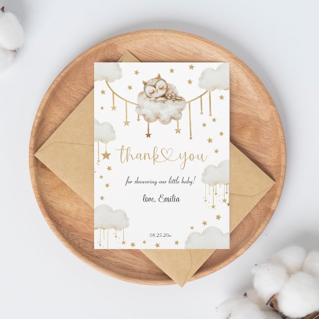 Adorable Gold Starry Sleeping Owl Baby Shower Thank You Card (Creator Uploaded)