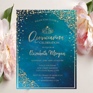 Adorable Gold Tiara,Diamonds Quinceañera Invitation
