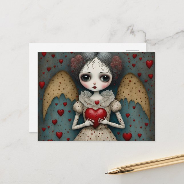 Adorable Gothic Valentine Doll Postcard (Front/Back In Situ)