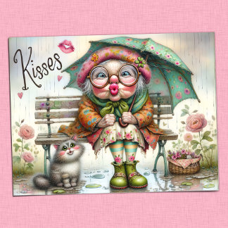 Adorable Granny and Cat Sharing Sweet Kisses Postcard
