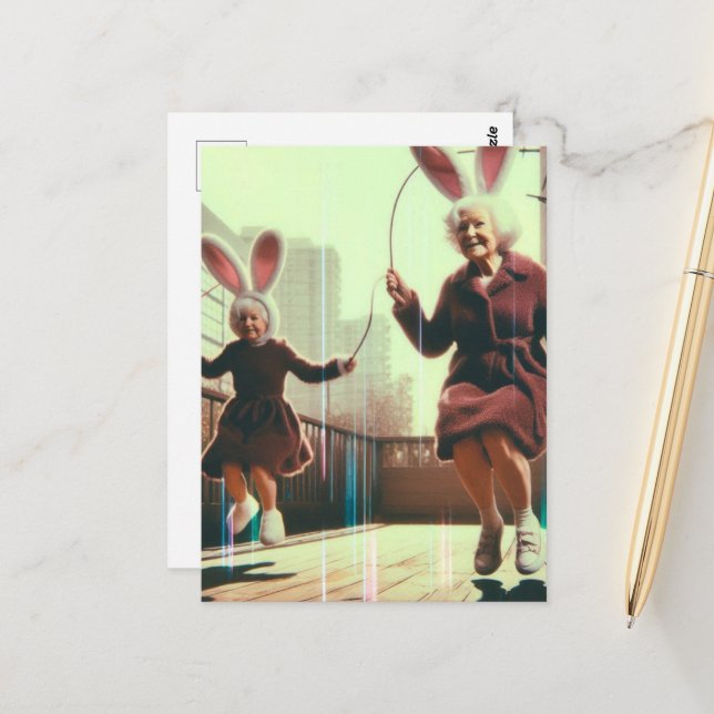 Adorable Granny Easter Bunnies Jumping Rope Glitch Postcard (Front/Back In Situ)
