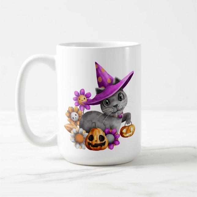 ADORABLE GRAY HALLOWEEN CAT WITH FLOWERS BATS COFFEE MUG (Left)