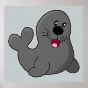 ADORABLE GRAY SEAL CARTOON HAPPY ANIMALS SEA CREAT POSTER
