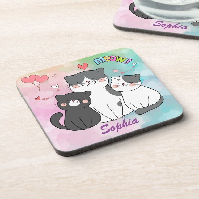 Adorable Grayish Cats Meow Love Personalised Coaster (Left Side)