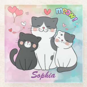 Adorable Grayish Cats Meow Love Personalised Glass Coaster