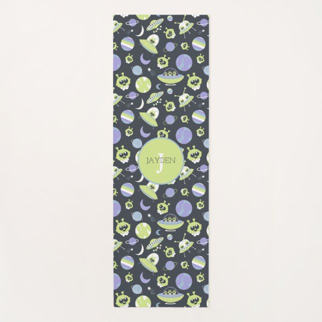 Adorable Green Aliens Space Ships UFO Kids Yoga Mat (Front)