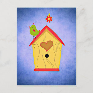 Adorable Green Bird Atop Birdhouse Postcard