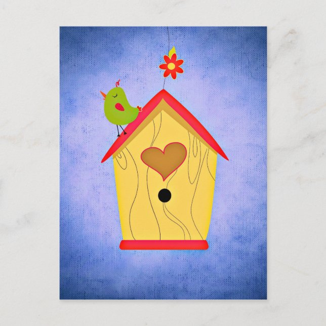 Adorable Green Bird Atop Birdhouse Postcard (Front)