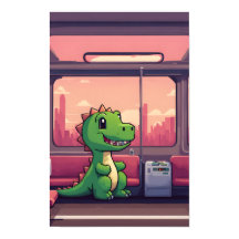 Adorable Green Dinosaur Riding the Train at Sunset