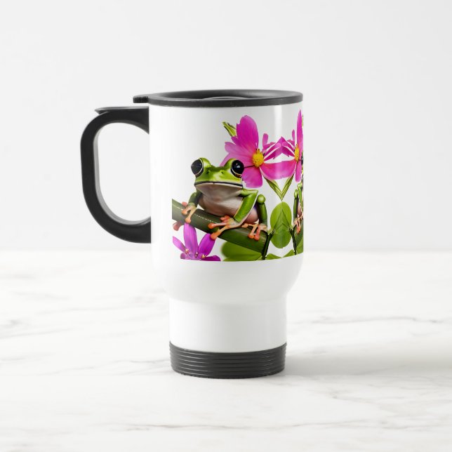 Adorable Green Frog Surrounded by Pink Flowers Travel Mug (Left)