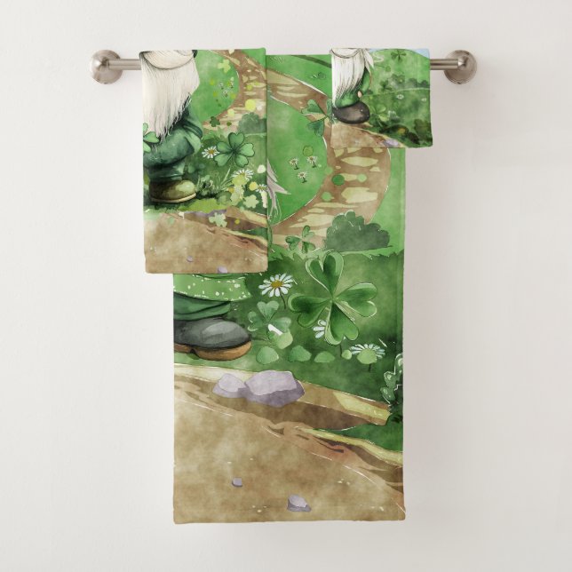 Adorable Green St. Patrick's Day Gnomes Bath Towel Set (Insitu)