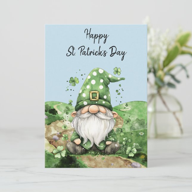 Adorable Green St. Patrick's Day Gnomes Holiday Card (Standing Front)