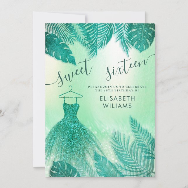 Adorable green tropical leaves glitter sweet 16  invitation (Front)