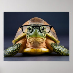 Adorable Green Turtle with Glasses Poster