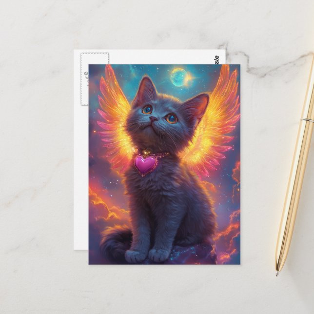 Adorable Grey Angel Kitten Postcard (Front/Back In Situ)