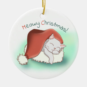 Adorable Grey Cartoon Cat Snoozing in Santa Hat Ceramic Tree Decoration