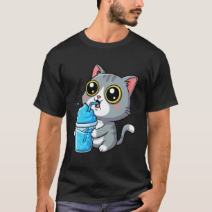Adorable Grey Tabby Cat Sipping Blue Slushy Drink T-Shirt
