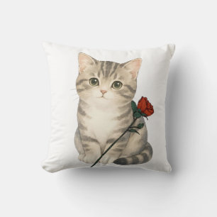 Adorable Grey Tabby Cat with Red Rose Floral Cushion