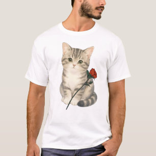 Adorable Grey Tabby Cat with Red Rose Floral T-Shirt
