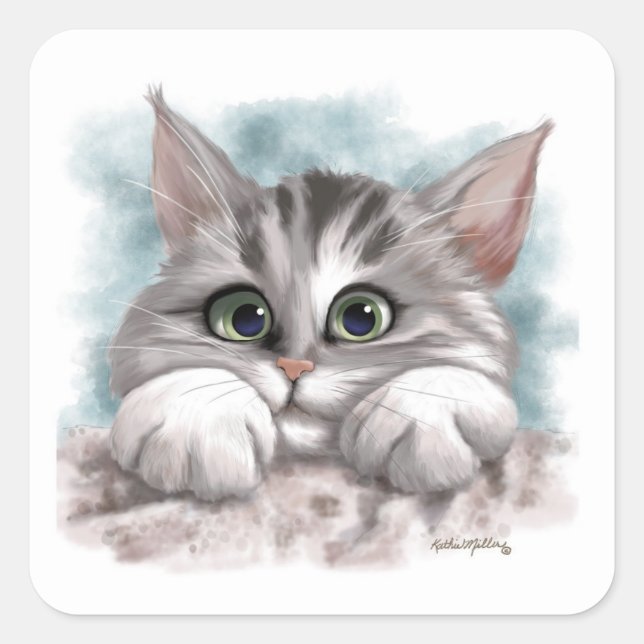Adorable Grey Tabby Kitten Cartoon Square Sticker (Front)