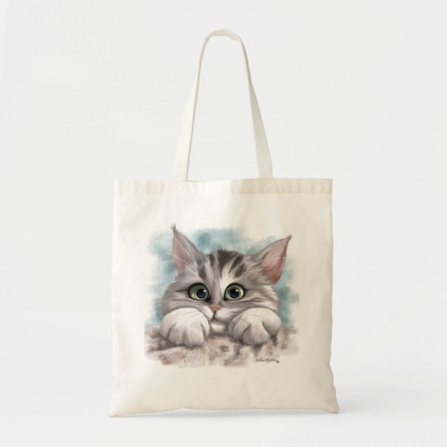 Adorable Grey Tabby Kitten Cartoon Tote Bag (Front)