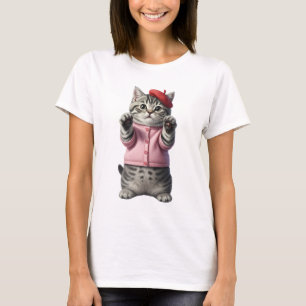Adorable Grey Tabby Kitten Wearing Pink Cardigan T-Shirt